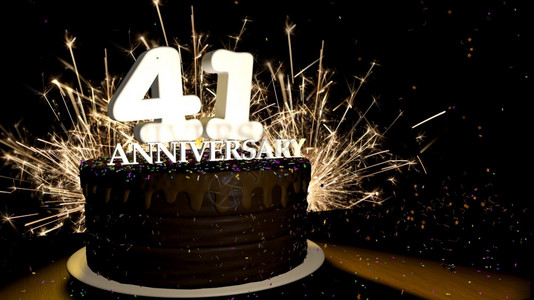 烟花数字素材蓝色的魔法周年纪念41卡圆形巧克力蛋糕装饰着蓝色红黄绿的糖衣杏仁木桌上有白色数字背景是人造火星和彩色糖衣落在桌子上3D插图周年纪背景