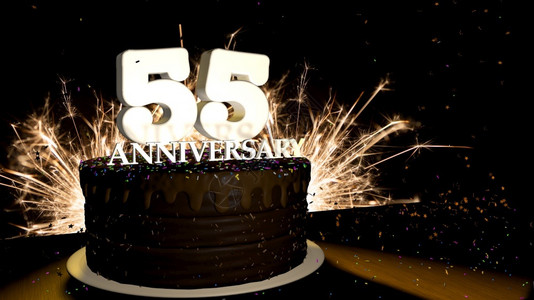 5周年素材爆炸5周年纪念卡圆形巧克力蛋糕装饰着蓝色红黄绿的糖衣杏仁木桌上有白色数字背景是人造火星和彩色糖衣丸落在桌子上3D插图周年纪念贺卡设计图片