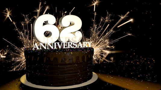魔法快乐的人造周年纪念62卡圆形巧克力蛋糕装饰着蓝色红黄绿的糖衣杏仁木桌上有白色数字背景是人造火星和彩色糖衣丸落在桌子上3D插图背景图片