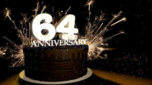 张国荣诞辰64周年庆典食物周年纪念64卡圆形巧克力蛋糕装饰着蓝色红黄绿的糖衣杏仁木桌上有白色数字背景是人造火星和彩色糖衣丸落在桌子上3D插图周年纪背景