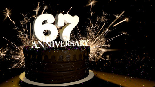 夜晚黑色的卡片周年纪念67卡圆形巧克力蛋糕装饰着蓝色红黄绿的糖衣杏仁木桌上有白色数字背景是人造火星和彩色糖衣丸落在桌子上3D插图设计图片
