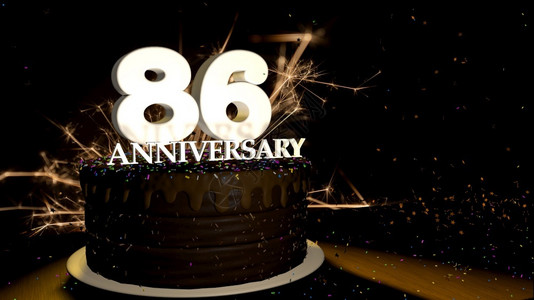 长征胜利86周年纪念蓝色的夜晚有周年纪念86卡圆形巧克力蛋糕装饰着蓝色红黄绿的糖衣杏仁木桌上有白色数字背景是人造火星和彩色糖衣落在桌子上3D插图周年背景