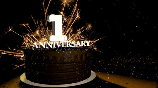 快乐的周年纪念日1卡圆形巧克力蛋糕装饰着蓝色红黄绿的糖衣杏仁木桌上有白色数字背景是人造火星和彩色糖衣丸落在桌子上3D插图周年纪念设计图片