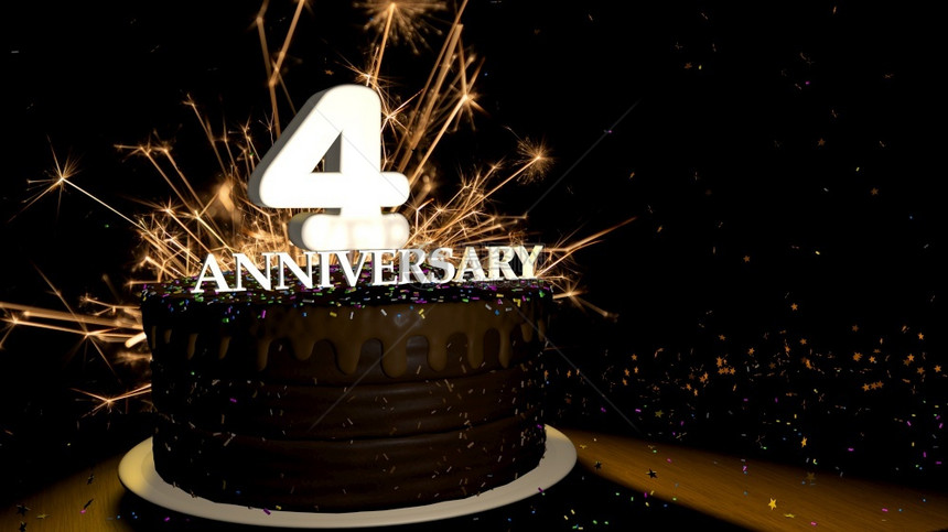 周年纪念4卡圆形巧克力蛋糕装饰着蓝色红黄绿的糖衣杏仁木桌上有白色数字背景是人造火星和彩色糖衣落在桌子上3D插图周年纪念贺卡巧克力图片