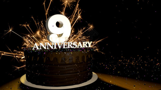 佩鲁卡克周年纪念9卡圆形巧克力蛋糕装饰着蓝色红黄绿的糖衣杏仁木桌上有白色数字背景是人造火星和彩色糖衣丸落在桌子上3D插图周年纪念贺卡巧克设计图片