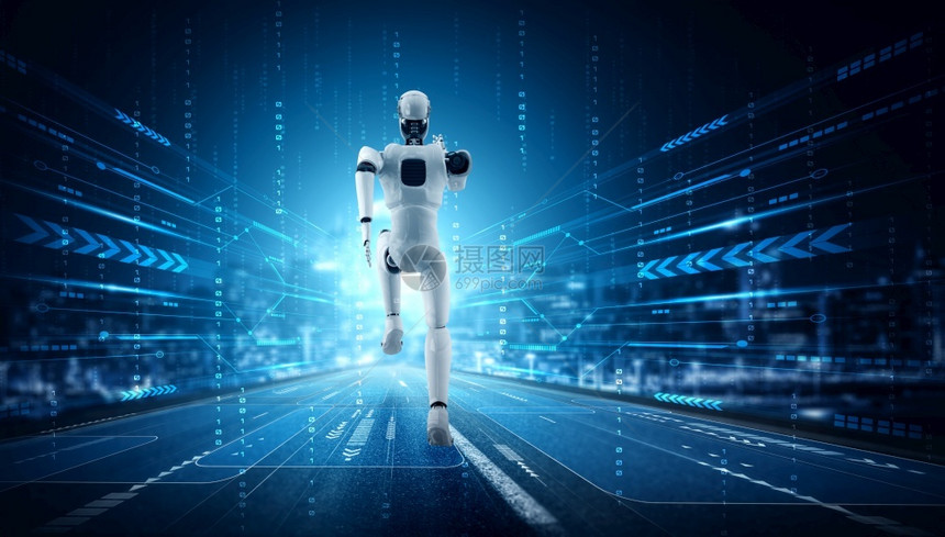 技术速度运行机器人形显示快速运动和生命能量在未来创新发展的概念对AI大脑和人工智能思维通过机器学习3D插图运行机器人形显示快速运图片