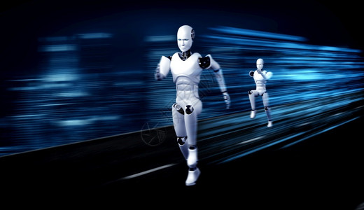 阿甘奔跑速度技术男人运行机器形显示快速运动和生命能量在未来创新发展的概念对AI大脑和人工智能思维通过机器学习3D插图运行机器人形显示快速设计图片