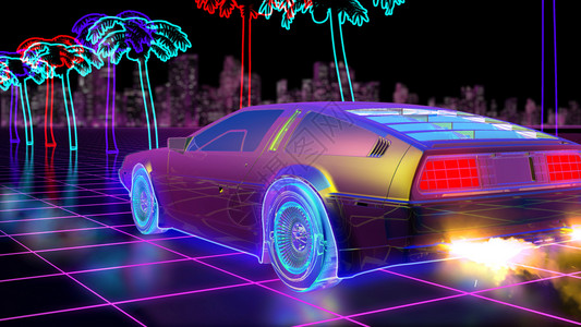 追溯防伪速度渲染3D以虚拟空间80年代未来汽车的科幻小说风格在计算机空间中创造明亮的追溯世界背景对于任何专题介绍或你自己的图形项目来说都设计图片