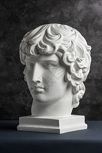 奥德赛黑暗的古老安提诺斯头雕像白石膏复制件供艺术家在一张深色纹理背景的画家用人类面部的粉笔雕塑古老雕像安提诺斯头印本智慧半身像背景