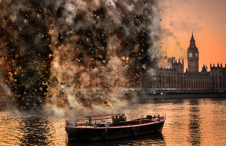 英国伦敦威斯敏特议会大厦的时代末日数字爆炸概念英国伦敦威斯敏特议会大厦的爆炸概念哥特碎片数字的图片