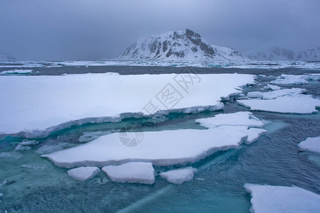 巴王海自然水荒凉漂浮的冰和雪地山脉阿尔伯特一号陆地北极斯匹茨贝根瓦尔巴德挪威欧洲背景