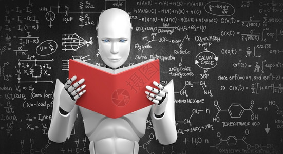 竖形黑板男人技术过程机器形阅读书和解决数学据分析的3D插图在未来数学人工智能据挖掘和第四次工业自动化革命的概念中机器人形阅读书和解决数学设计图片