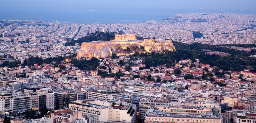 文化历史清晨在雅典市的外景从城最高点LycabettusHill利卡贝图斯山看到Acropolis人古董图片