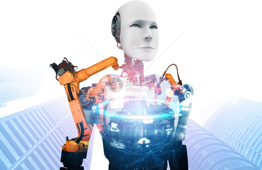 人造的机械化工业器人和械臂双曝光图像工业革命和未来厂自动化制造过程的人工智能概念机械化工业器人和械臂双曝光图像为了倍的图片