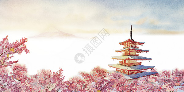 日本宝塔全景吸引力在日本赤野红塔藤田山和粉色樱桃花的著名地标清晨日出时美丽的春季花朵翻版空间天背景Acceplyspacesirbrol插画