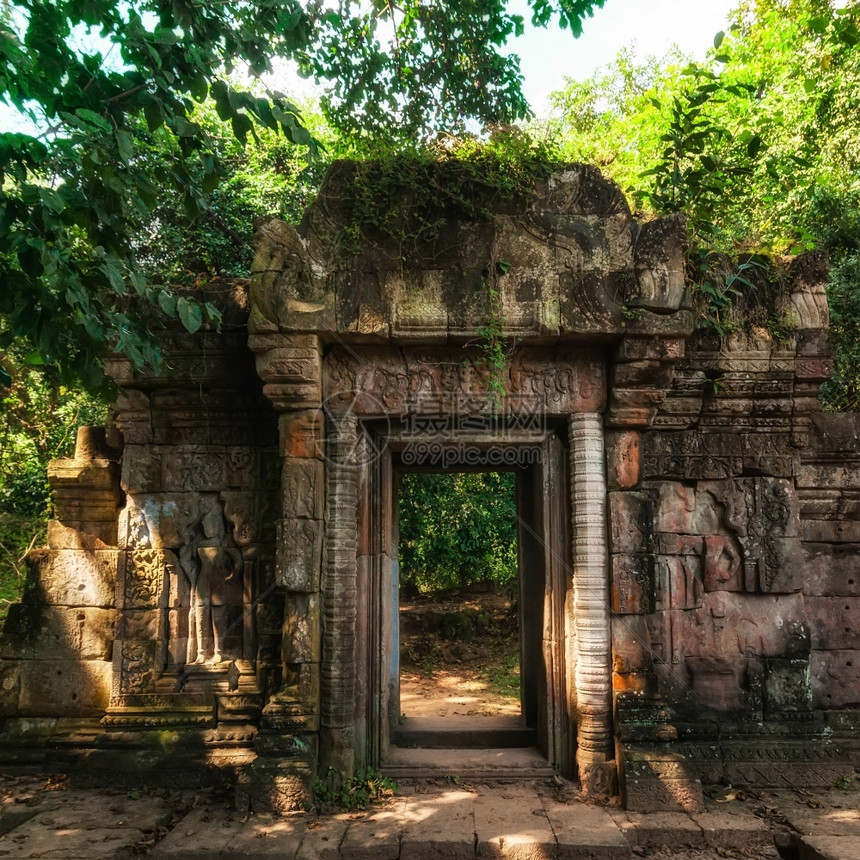 东南雨林柬埔寨旅游目的地暹粒Baphuon寺庙的古高棉建筑入口处大门废墟树种着吴哥尔Wat综合建筑群自然图片