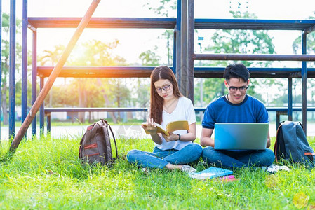 两个青年学生坐在草地上各自学习图片