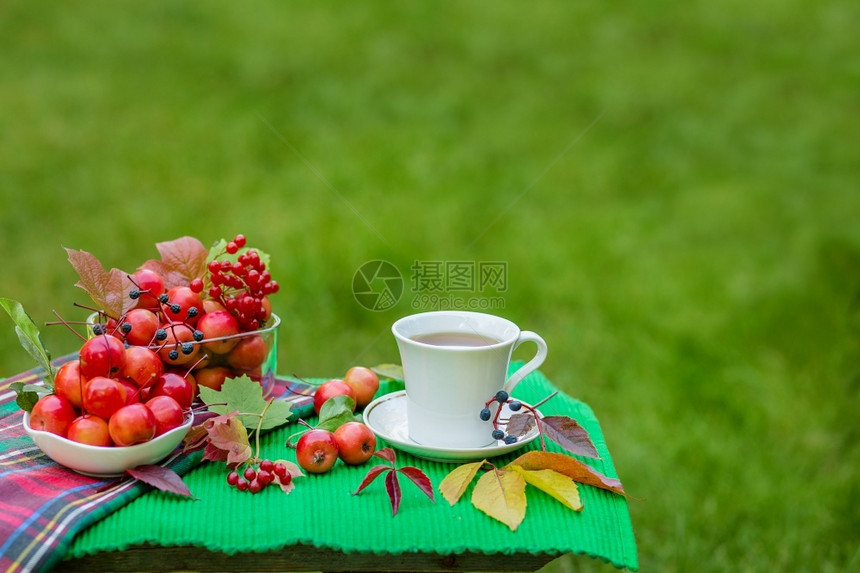 荚um凉茶配柠檬和天堂苹果在白色木桌上的顶部视图绿色和黄的叶子红苹果花园里的茶柠檬和天堂苹果的凉茶绿色和黄的叶子红苹果白色的冻图片