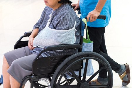 只等今天护理痛在医院等候生和护士的轮椅上手臂受伤的老年妇女病人许多老年今天有更多的意外今天更多的事故病人在轮椅上等医生时胳膊受伤了等待医背景
