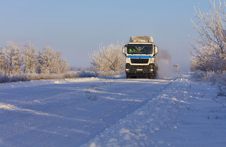 一盔一带素材图片寒冷的运输白雪皑清晨一支重型卡车队沿雪覆白的色小路行驶沿一条有银冻霜的灌木丛一带被雪覆盖的白色小路行驶由一辆重型卡车组成的队沿一背景