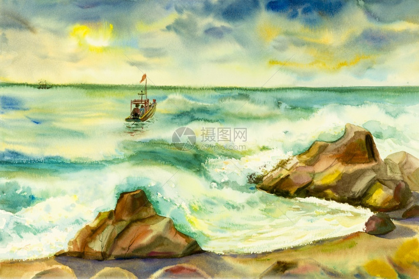 浪漫的海景水彩原始的绘画丰富了渔船家族的色彩阳光中生活方式和情感天空云底太平洋阳图片