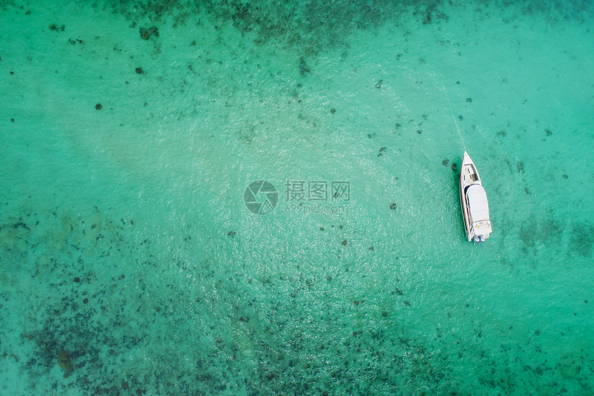 绿色新自由概念冒险日与旅游者蓝海快艇的顶端景色蓝海中浮水背景顶层观光热带海滩上明亮的绿石晴天海岸线图片