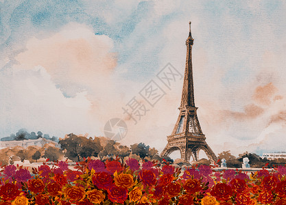巴黎塞纳河法国巴黎欧洲城市景观埃菲尔塔出名红玫瑰浪漫的秋天塞纳河景色水彩画绘陈年风格天线背景世界地标志受欢迎的法语云插画