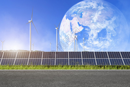 鲁尼斯未来场地以太阳能电池板和风涡轮机对抗地球蓝色天空中的山地景观带有白云背景替代能源概念美国航天局提供的地球图象元素等天平道路与太阳设计图片
