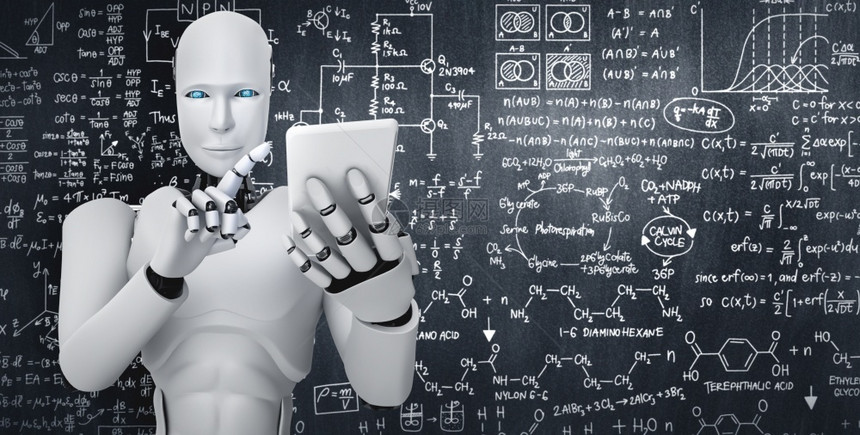 药片知识分子机器人形使用手机或平板电脑进行工程科学习使用AI思维大脑人工智能和机器学习过程进行第四次工业革命3D渲染机器人形使用图片