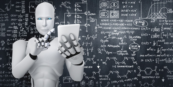 法制知识科药片知识分子机器人形使用手机或平板电脑进行工程科学习使用AI思维大脑人工智能和机器学习过程进行第四次工业革命3D渲染机器人形使用设计图片