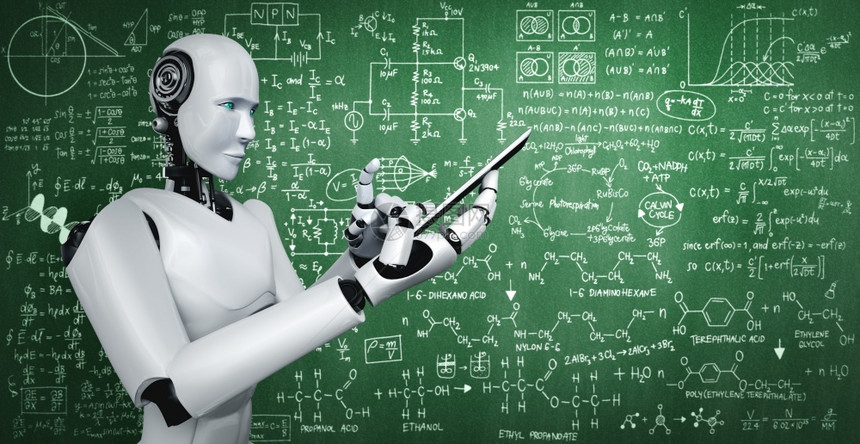 网络教育机器人形使用手机或平板电脑进行工程科学习使用AI思维大脑人工智能和机器学习过程进行第四次工业革命3D渲染机器人形使用手或图片
