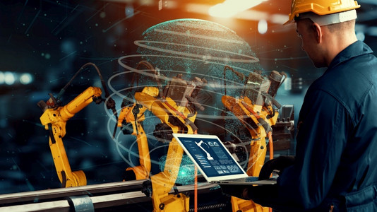 电影图数字化工厂技术的智能业机械臂现代化工业40或第四次工业革命的自动化制造过程概念和物联网软件控制操作数字化工厂技术的背景图片