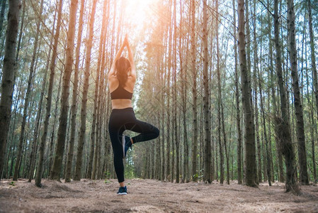 运动员赛跑者在森林中站立和做瑜伽的亚洲美丽年轻女子在夏季主题下森林活动和冥想概念中站立和做瑜伽薪资服从或举手概念放松背景图片