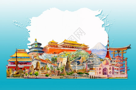 柬埔寨寺庙环游世界各地观光著名的地标将水彩画手绘图亚洲白蓝背景的山标广受欢迎的旅游景点组合成一连串的水彩画图亚洲白色蓝背景的山标建筑学国际插画