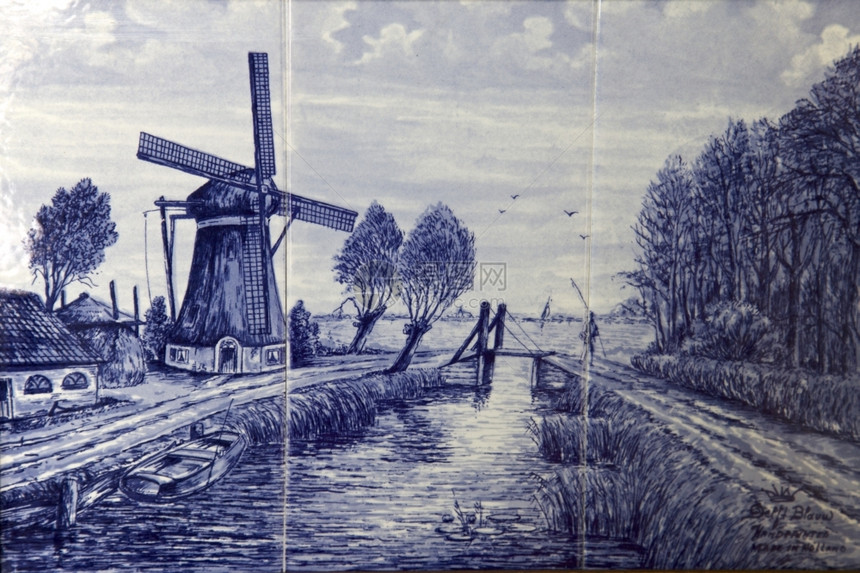 历史户外DelftBlaow荷兰欧洲的DelftBlue和白漆瓷砖布劳图片