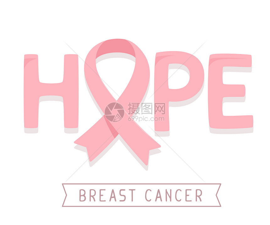以粉红丝带癌症认识符号和白背景的字希望为乳腺癌宣传月矢量插图用于海报横幅网站和的平板风格设计关心医疗的徽章图片