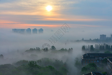 就可以忙下一阵了蒙清晨一阵浓雾像黄昏一样在城市公园的房屋和树木之间蔓延在太阳升起的柔软触碰下清晨升起的阳光照亮了轻地唤醒沉睡的城市笼罩着浓雾就像背景