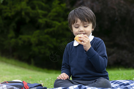 在公园野餐吃汉堡的小男孩图片