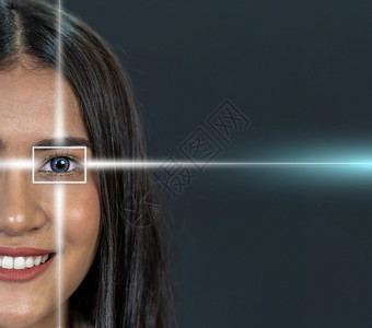 曼谷暹罗广场科学沟通过激光透视暗背景觉和识别概念对亚洲年轻女进行眼部扫描利用激光透视暗背景力和识别概念超过设计图片