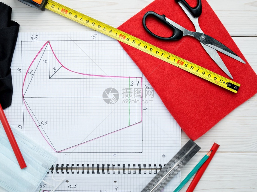 医疗的呼吸将保护面罩从织布中遮盖住房子制作一个标记模板用于缝制面具逐步指示绘制图纸作面具的工和材料等作新cp图片