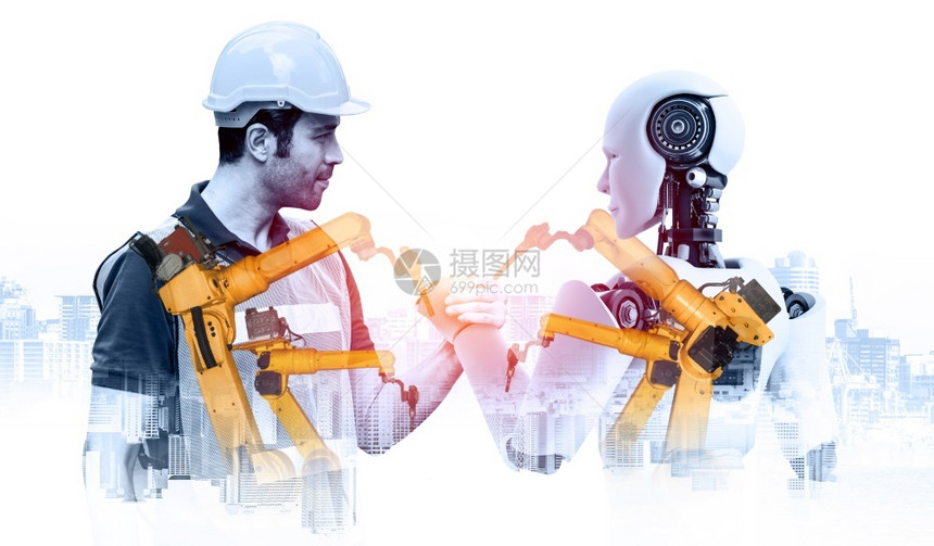 聪明的帮助合作机械化工业器人与类工在未来厂中协同作业革命和自动化制造过程的人工智能概念机械化工业器人和类工在未来厂中协同作图片