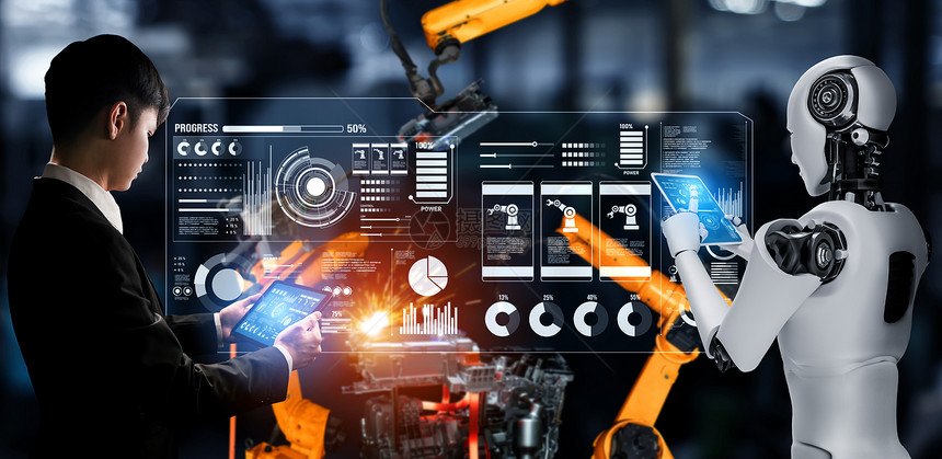 合作机械化工业器人与类工在未来厂中协同作业革命和自动化制造过程的人工智能概念机械化工业器人和类工在未来厂中协同作增强型自动的图片
