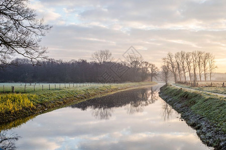 冬天植物雄伟日落时有新鲜草的梦幻般平静河流荷兰清晨寒冷的一天中美丽绿色冬季景观背景图片