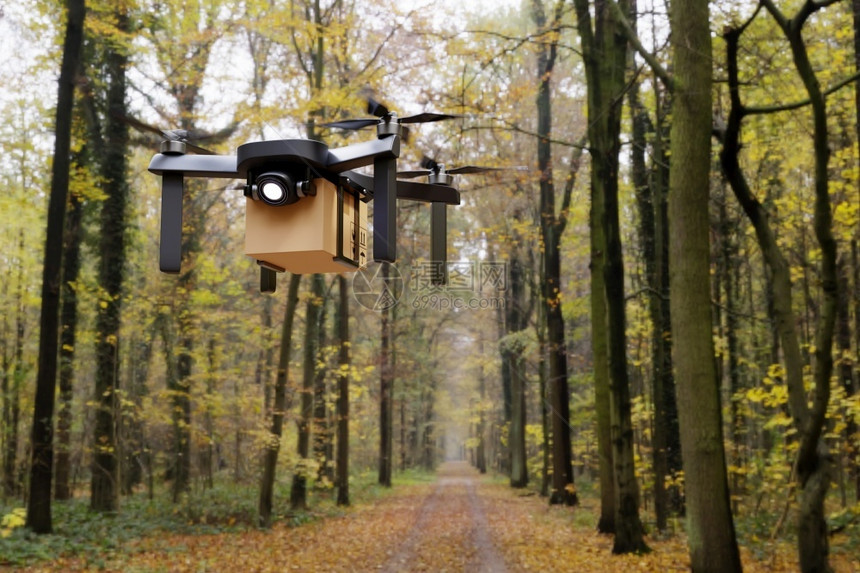 航运在农舍中交付飞行无人机商业技术运输和农概念在线购物和客户房屋服务3D插图渲染秋天飞机图片