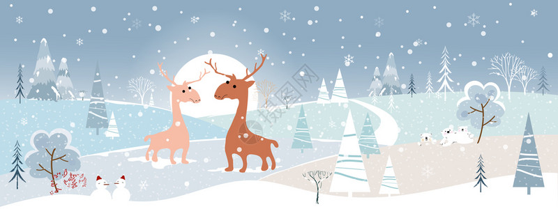 波拉波拉岛游客幸福奇幻之地冬季风景山丘落雪圣诞树人北极熊家庭妈和儿子驯鹿圣诞快乐和新年背景童插画