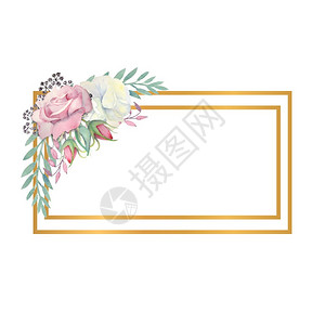 婚博会贴纸白玫瑰和粉红花绿色叶子金形长方框的浆果与花朵结合的婚织概念水彩装饰贺卡或邀请函的布质白玫瑰和粉红花绿树叶金形长方框的浆果水彩图画设计图片