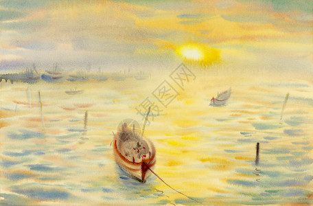 原画的对水反光和情绪色彩之多以黄灯光和云底背景绘画印刷品插图子泰国海滩背景图片
