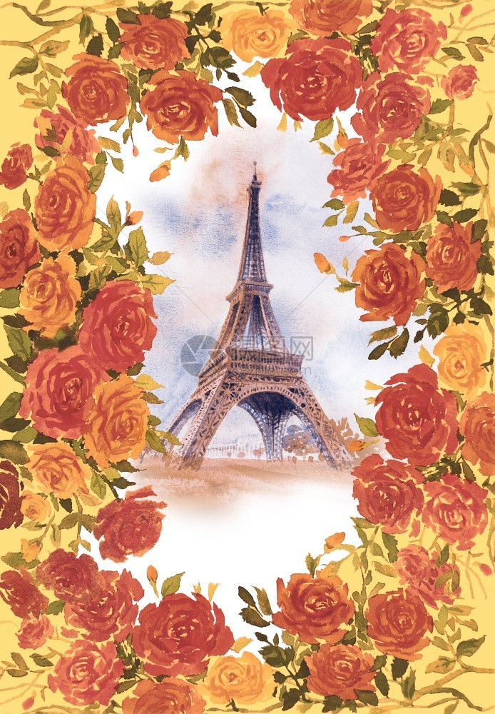 绽放巴黎欧洲城市地标法国埃菲尔塔建筑著名旅游地点和玫瑰花架风格的景画图旅行海报标志情人日等法国Eiffel塔建筑有名的旅游地点和图片