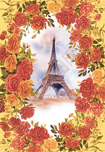 法国玫瑰绽放巴黎欧洲城市地标法国埃菲尔塔建筑著名旅游地点和玫瑰花架风格的景画图旅行海报标志情人日等法国Eiffel塔建筑有名的旅游地点和插画