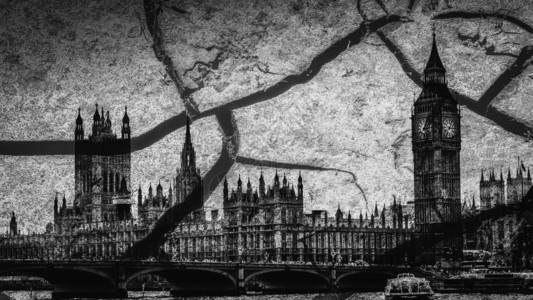 公投有个民主深的伦敦议会大厦和本钟以单色裂缝叠加英国脱欧主题伦敦议会大厦和本钟以深裂缝作为无序的隐喻背景